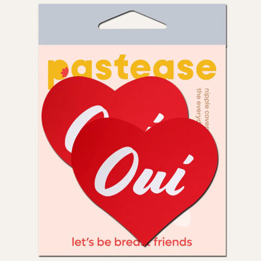 Red heart shaped nipple pasties with "Oui" text.