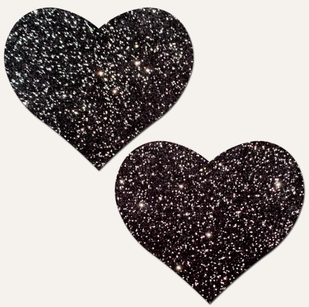 Two black glitter heart-shaped nipple pasties.