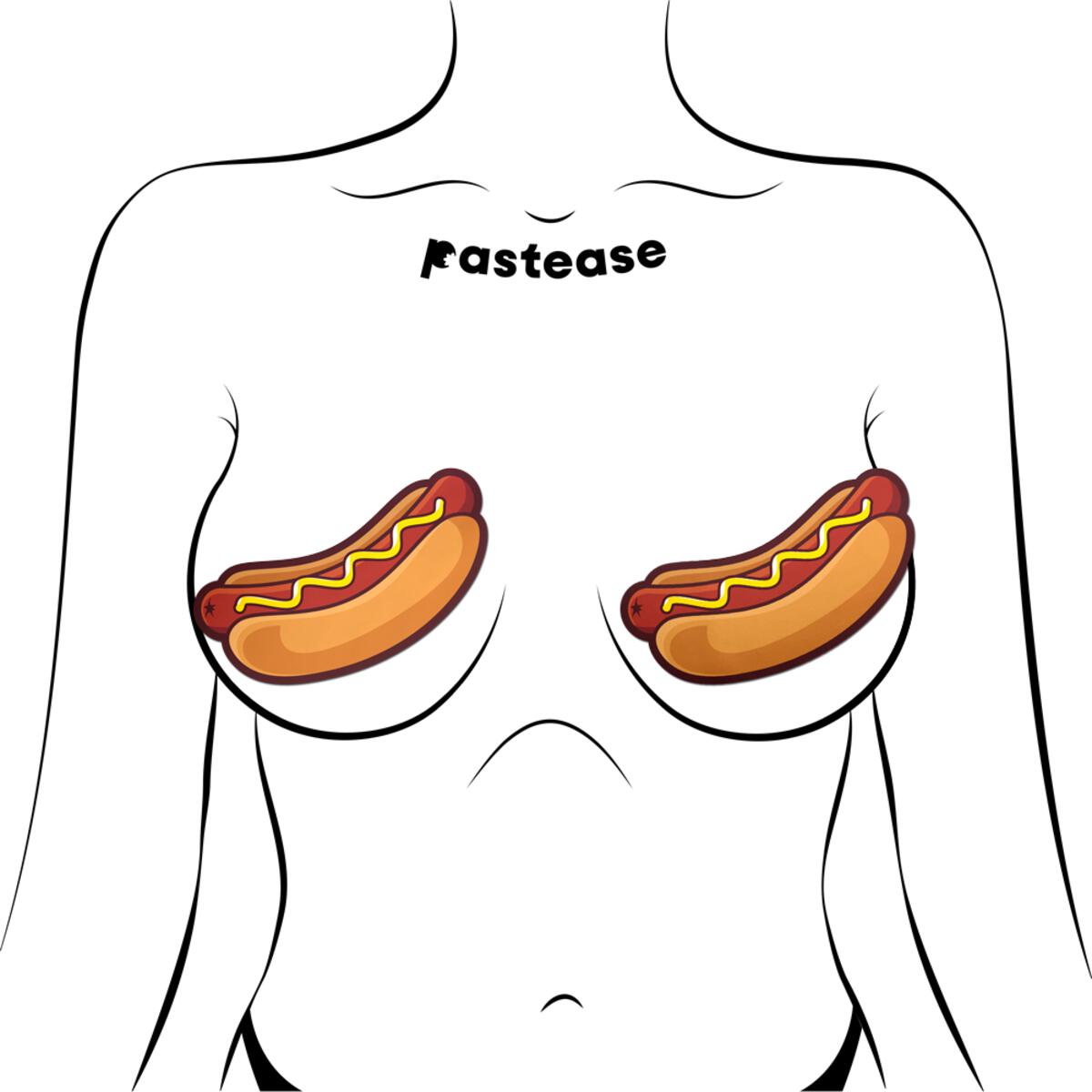 Hotdog shaped nipple pasties with mustard detail.