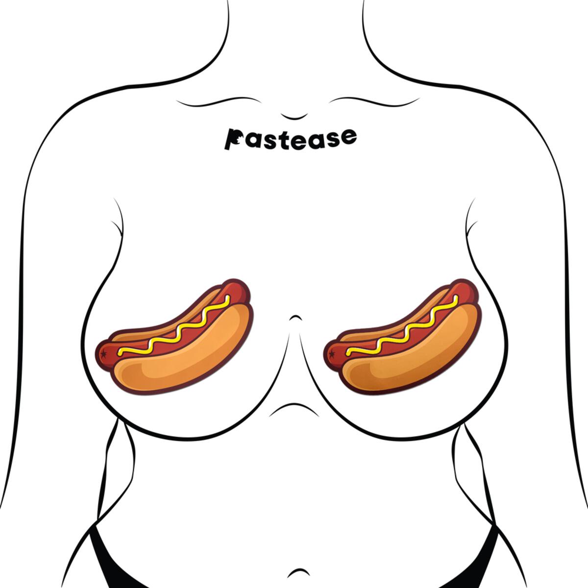 Hotdog shaped nipple pasties with mustard detail and the word "Pastease" above.