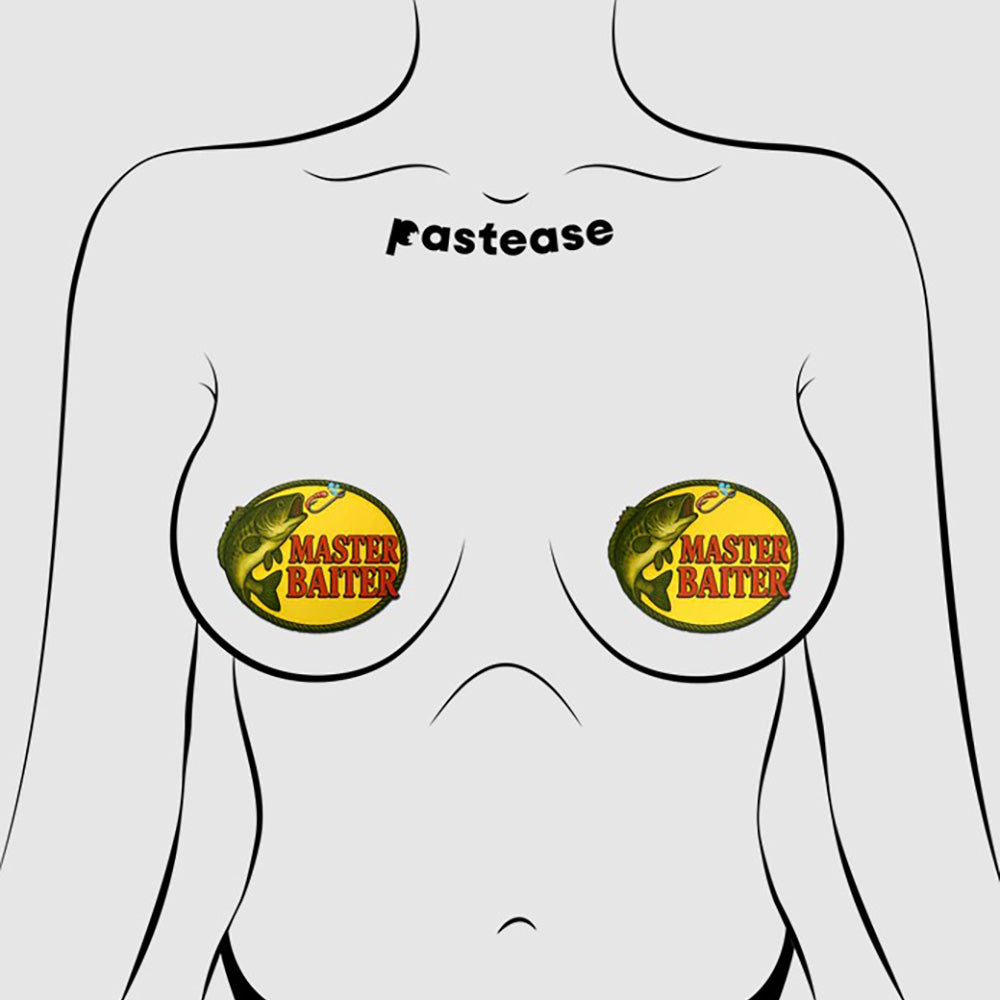 Bass fish nipple pasties with "Master Baiter" text.