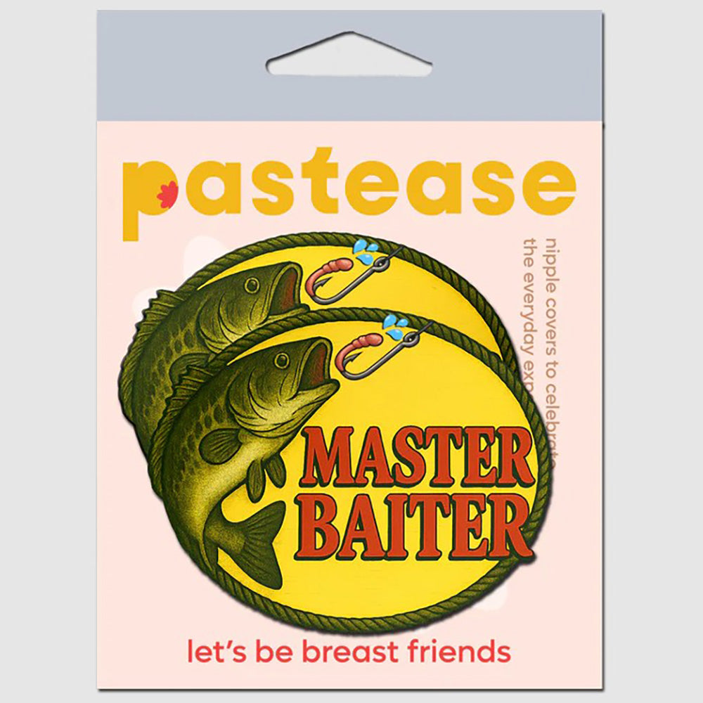 Bass fish nipple pasties with fishing hooks and the text "Master Baiter".