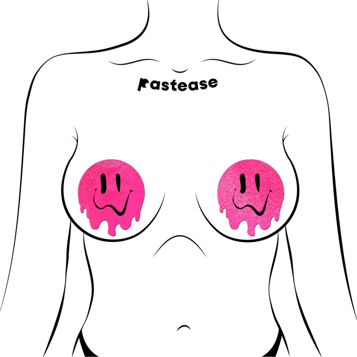 Neon pink melting smiley face nipple pasties.
