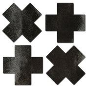 Four black cross-shaped nipple pasties with a textured surface.