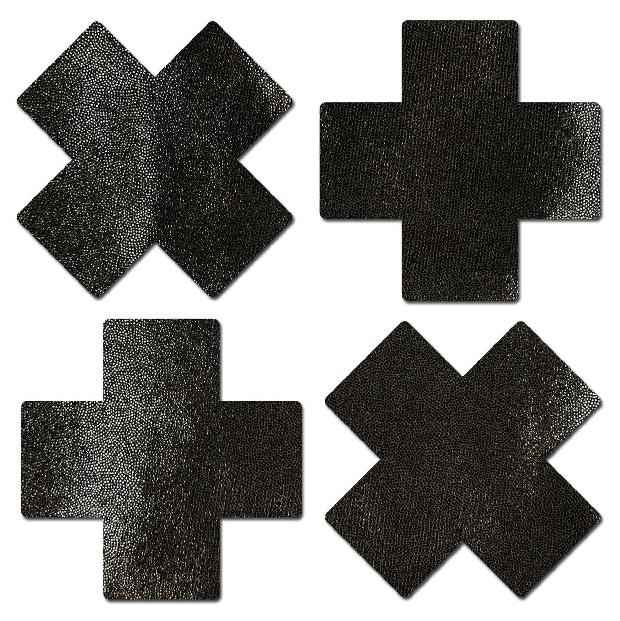 Four black cross-shaped nipple pasties with a textured surface.