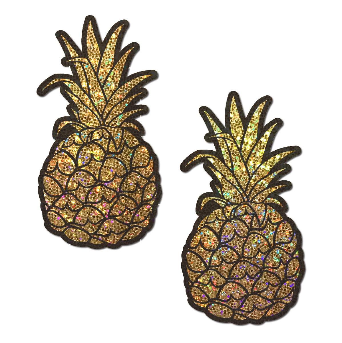 Two gold glitter pineapple pasties with black outlines on a white background.