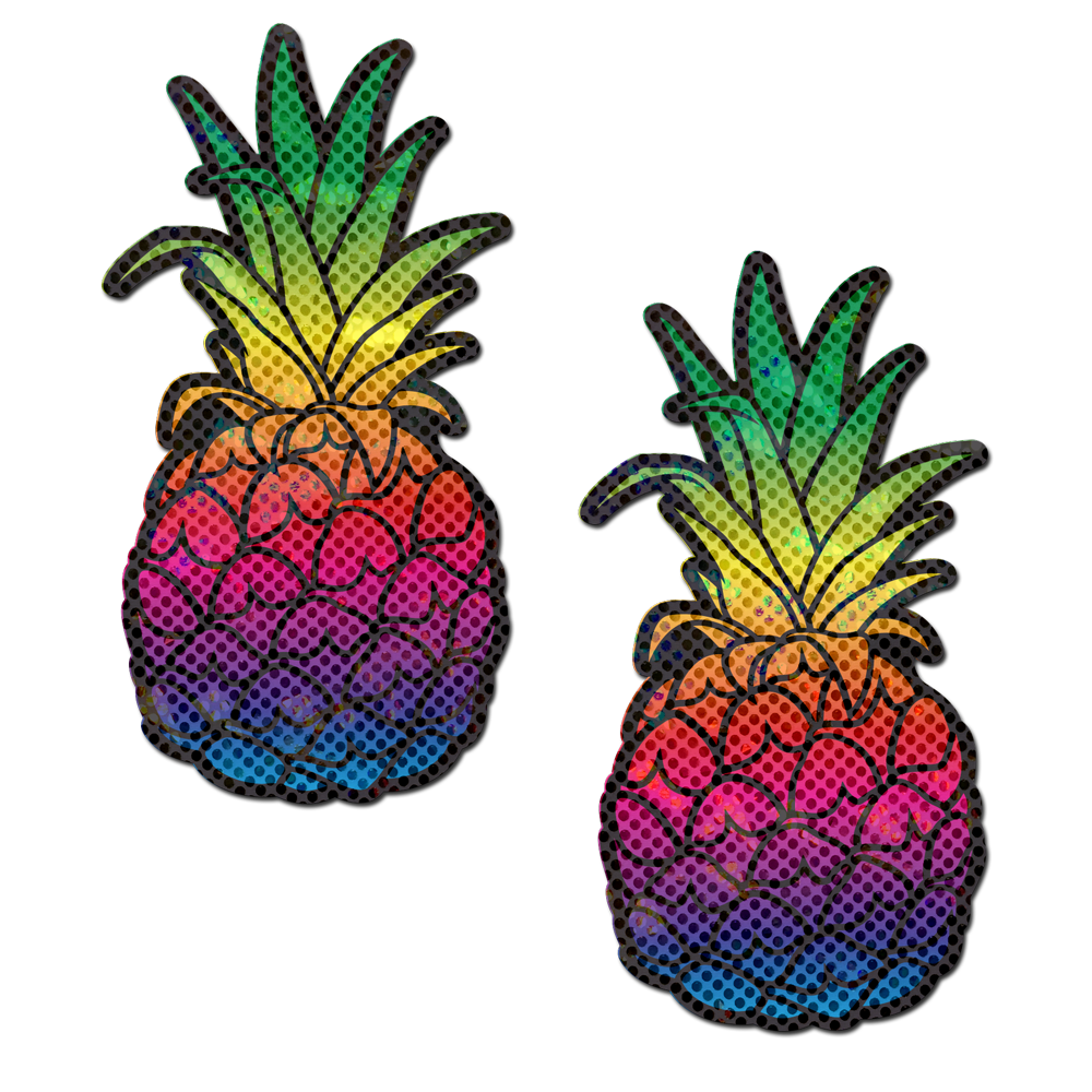 Two rainbow pineapple pasties with a sparkling disco finish.