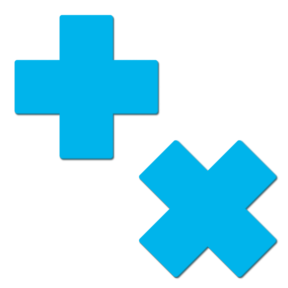 Two blue cross shapes, one a plus sign and the other an X, on a white background.