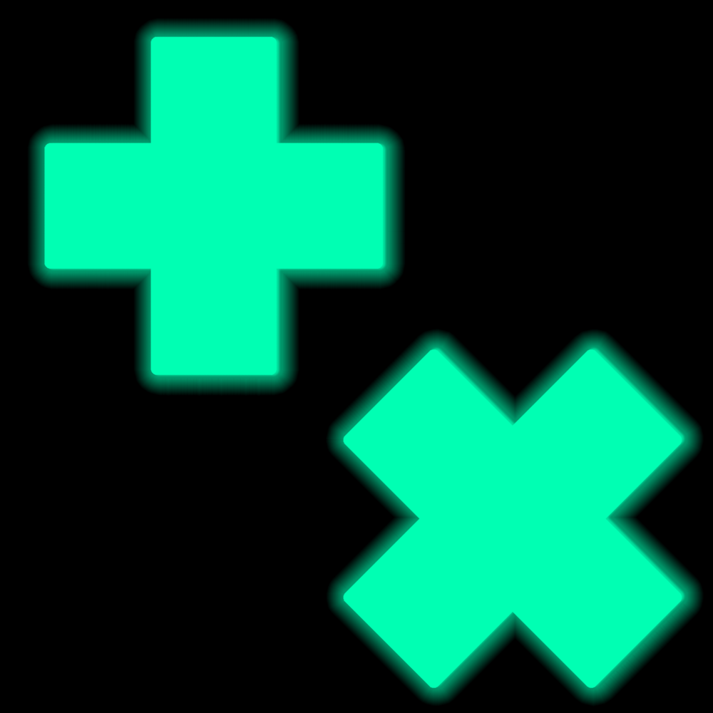 Glow-in-the-dark neon cross pasties on a black background.