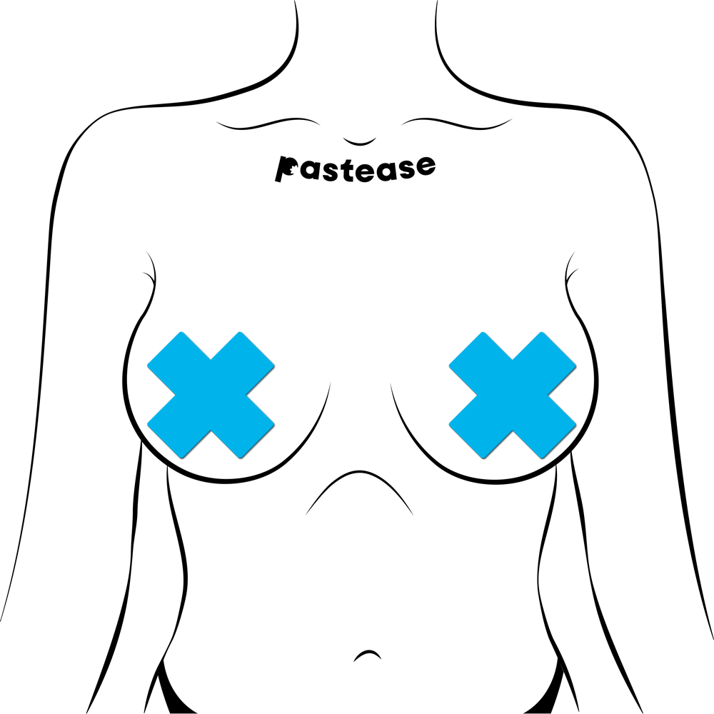 Neon cross pasties with "pastease" text.