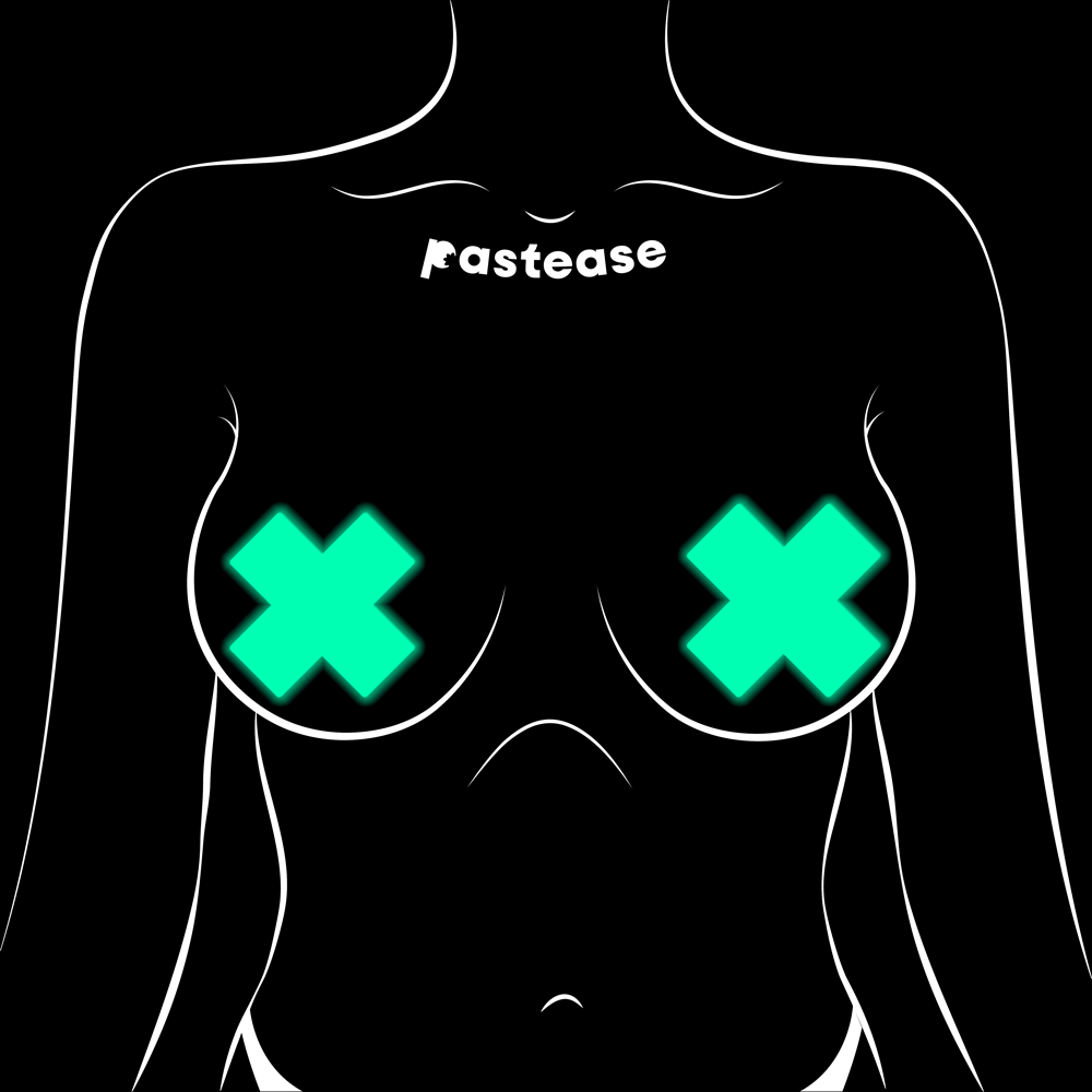 Glow-in-the-dark neon cross pasties with white outline on black background.