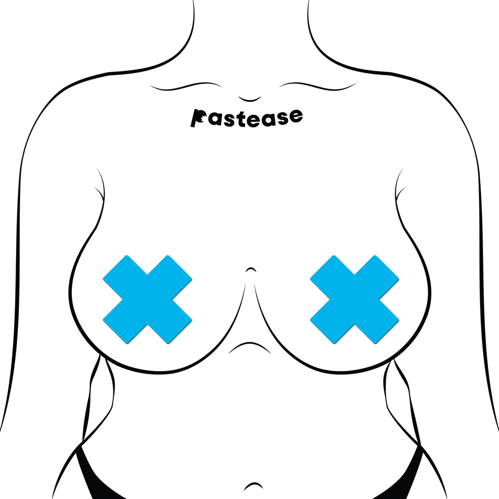 Glow-in-the-dark neon cross pasties on a line drawing of a torso.