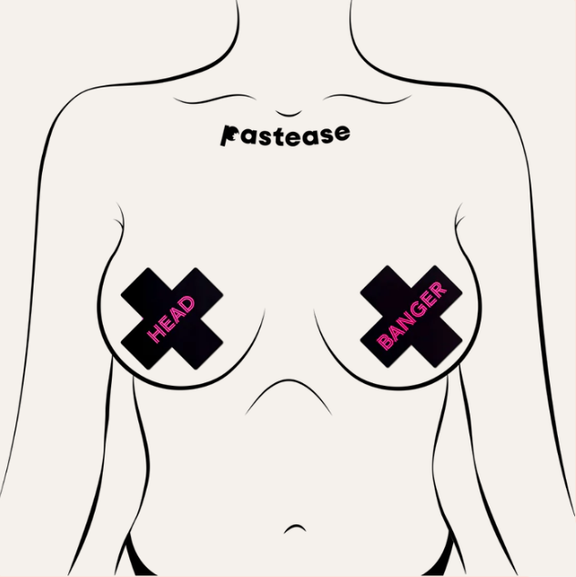 Neon pink cross nipple pasties with "HEAD" and "BANGER" text.