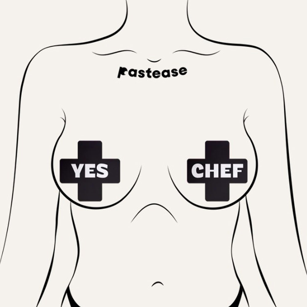 Line art of a torso with "Yes Chef" pasties on the breasts.