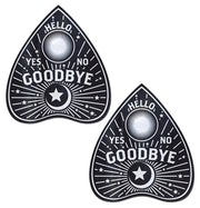 Two black Ouija planchette nipple pasties with "Hello," "Yes," "No," and "Goodbye" text.
