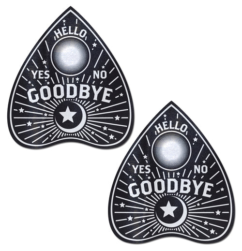 Two black Ouija planchette nipple pasties with "Hello," "Yes," "No," and "Goodbye" text.