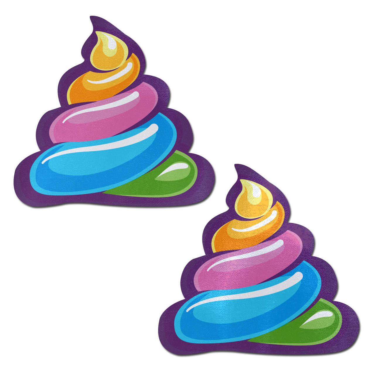 Two rainbow poop emoji nipple pasties on a white background.