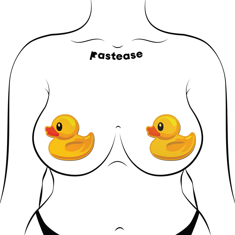 Bright yellow rubber duck breast pasties with "Pastease" text above.