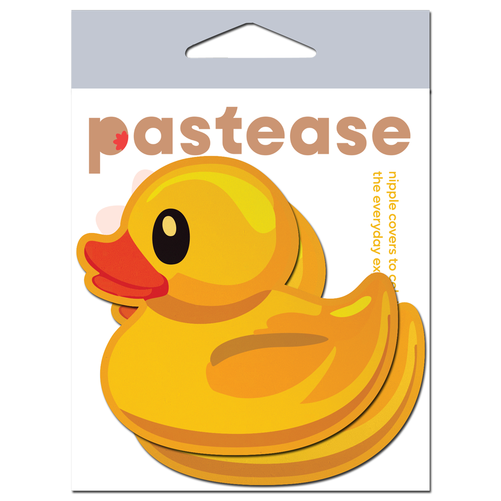 Bright yellow rubber duck breast pasties with "pastease" branding.