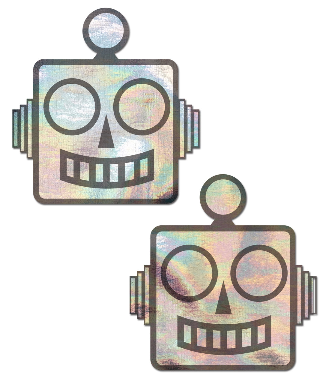 Two blue robot holographic nipple pasties with a shimmering finish.
