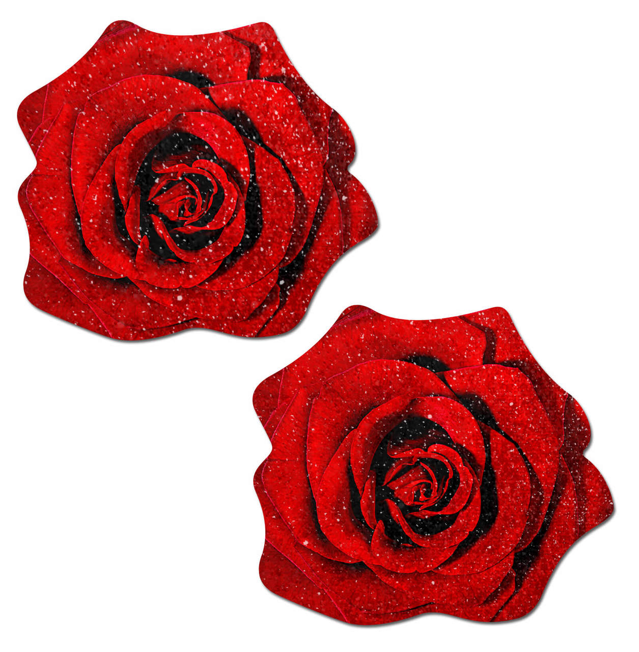 Two red glitter velvet rose pasties with a scalloped edge.