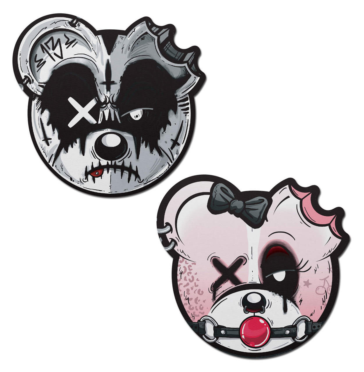Two zombie bear nipple pasties, one black and white, one pink.