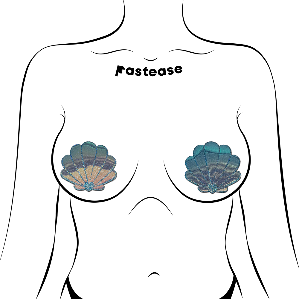 Opalescent seafoam blue mermaid shell pasties with glitter.