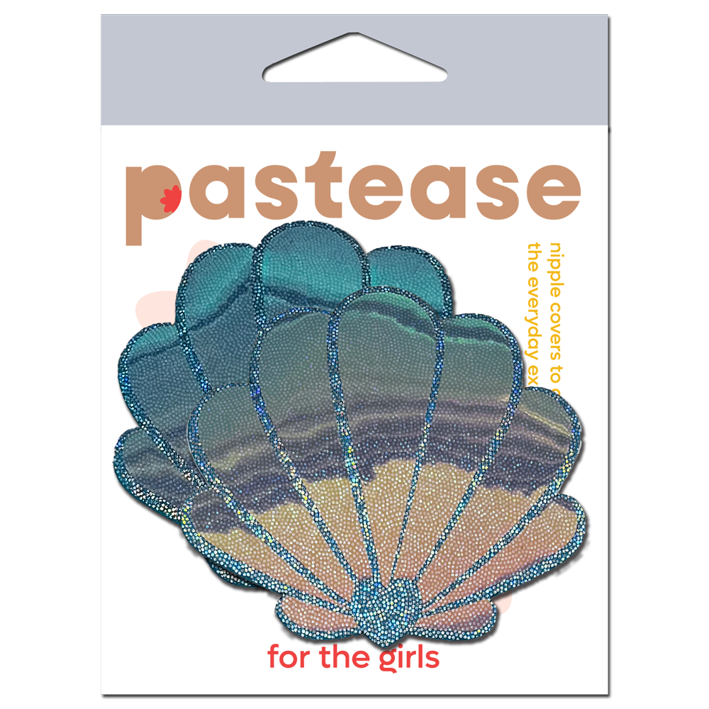 Mermaid shell pasties in opalescent seafoam blue with glitter.