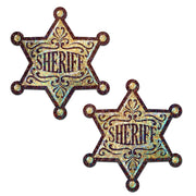 Two golden glitter sheriff star nipple pasties.