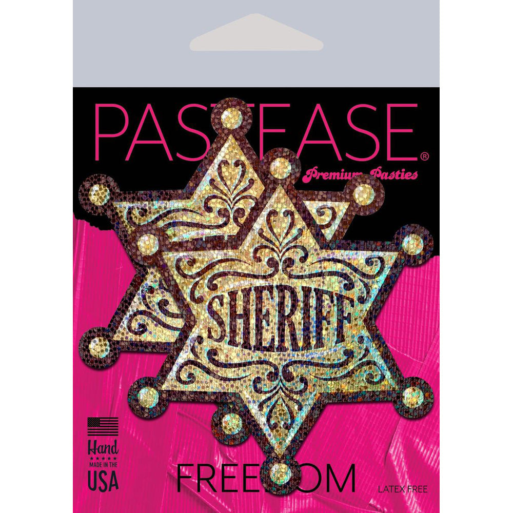 Golden glitter sheriff star pasties with "Sheriff" and "Freedom" text.