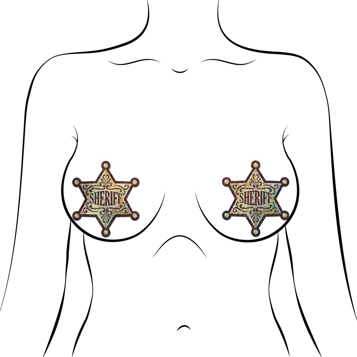 Golden glitter sheriff star nipple pasties.