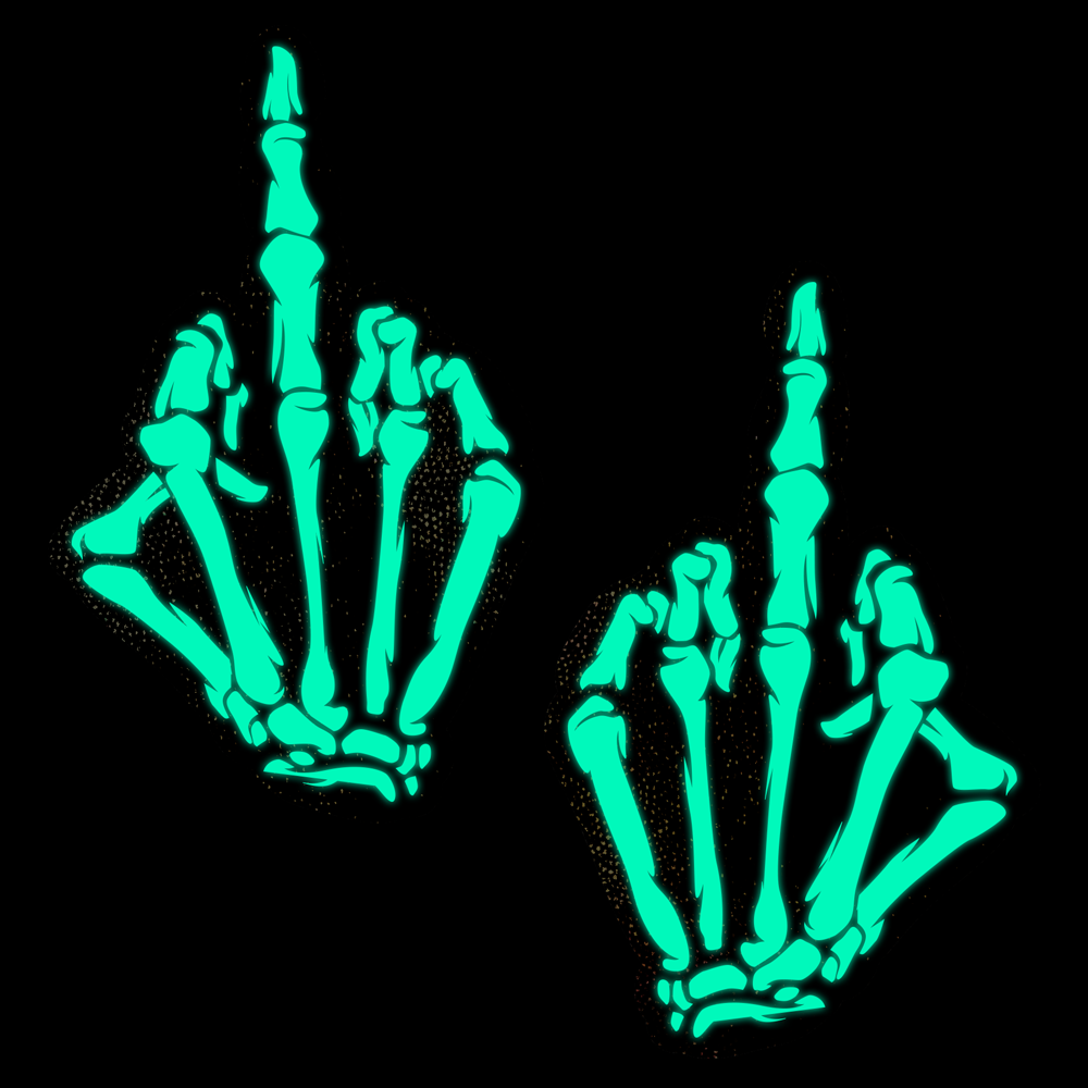Skeleton hand nipple pasties with a green glow on a black background.