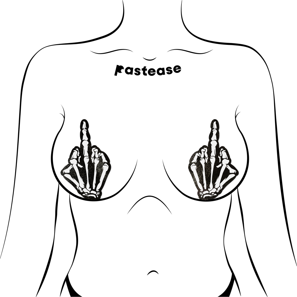 Skeleton hand glow in the dark nipple pasties with "pastease" text.