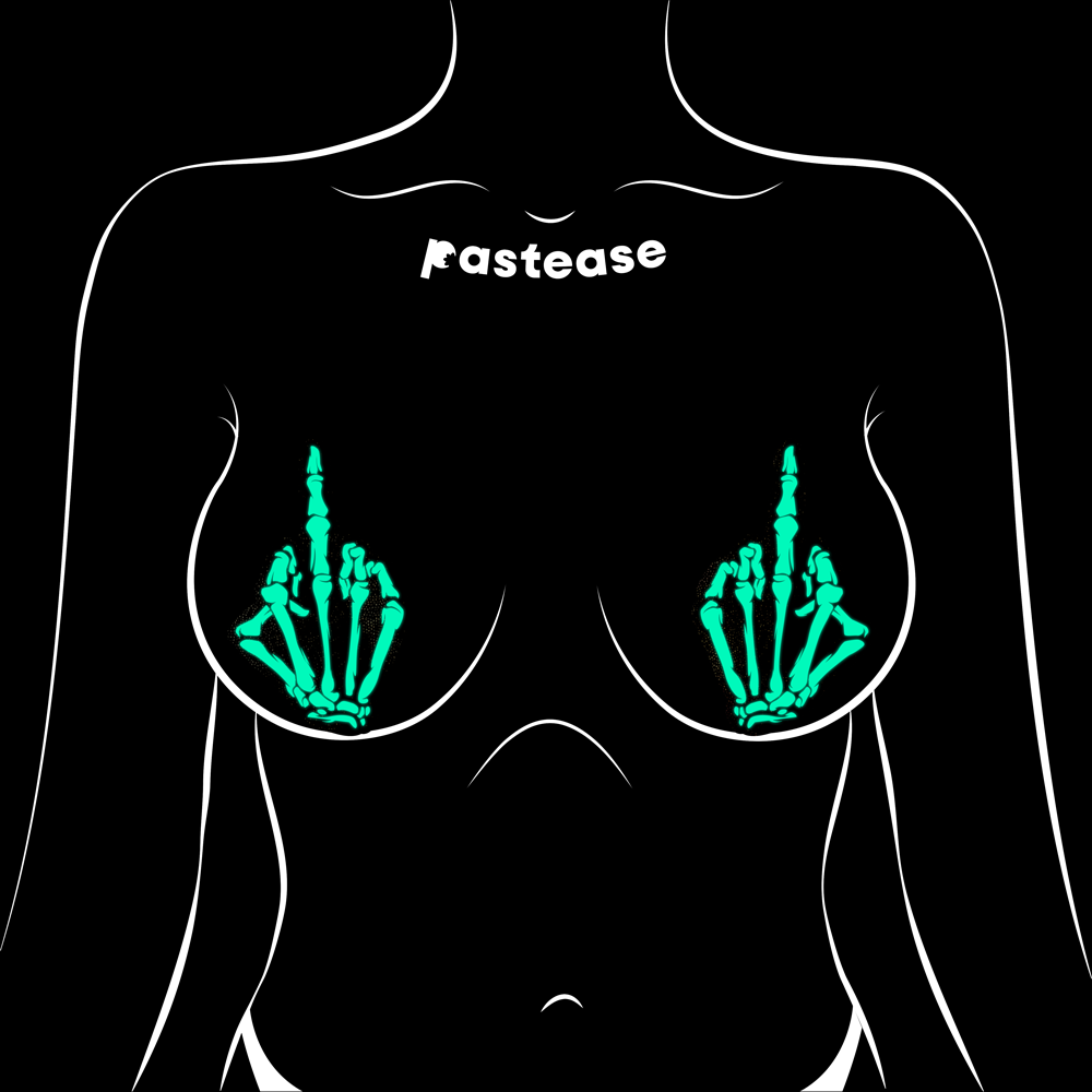 Skeleton hand glow in the dark nipple pasties with "pastease" text.