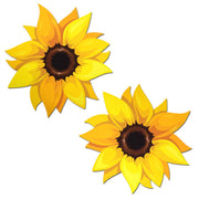 Two matte gold sunflower nipple covers on a white background.