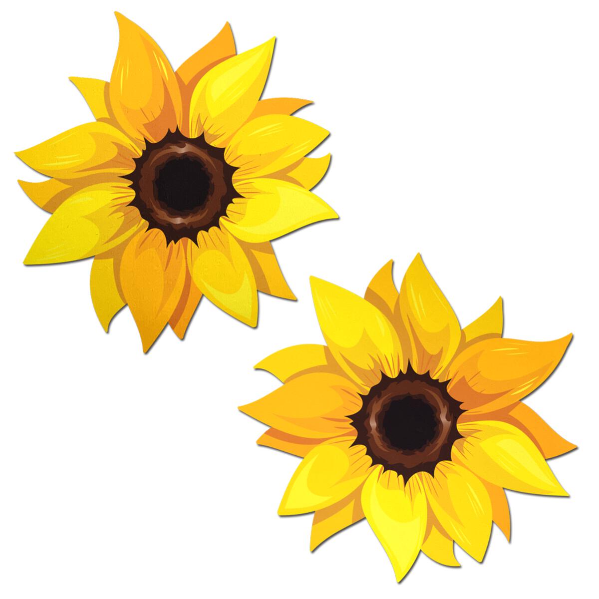 Two matte gold sunflower nipple covers on a white background.
