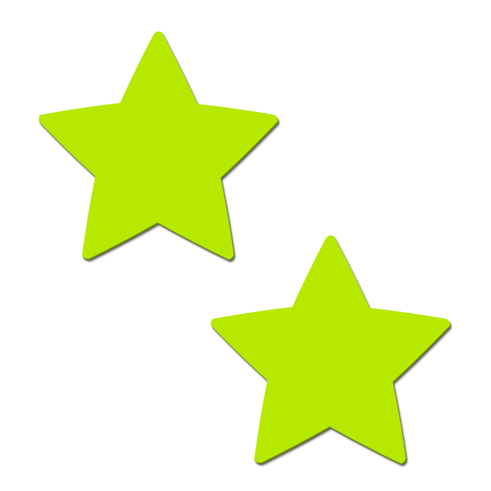 Two lime green star-shaped pasties with shadows on a white background.