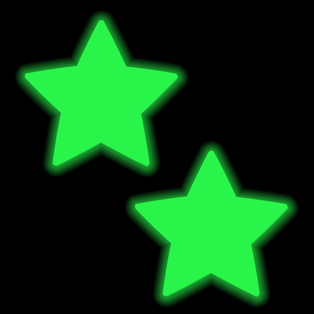 Two green glowing star pasties on a black background.