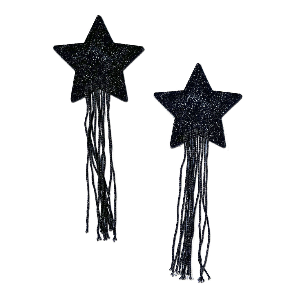 Black sparkle star pasties with long fringe tassels.
