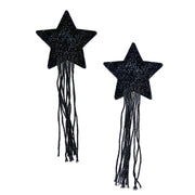 Black sparkle star pasties with long fringe tassels.