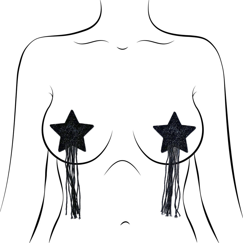 Black sparkle star nipple pasties with long fringe tassels.