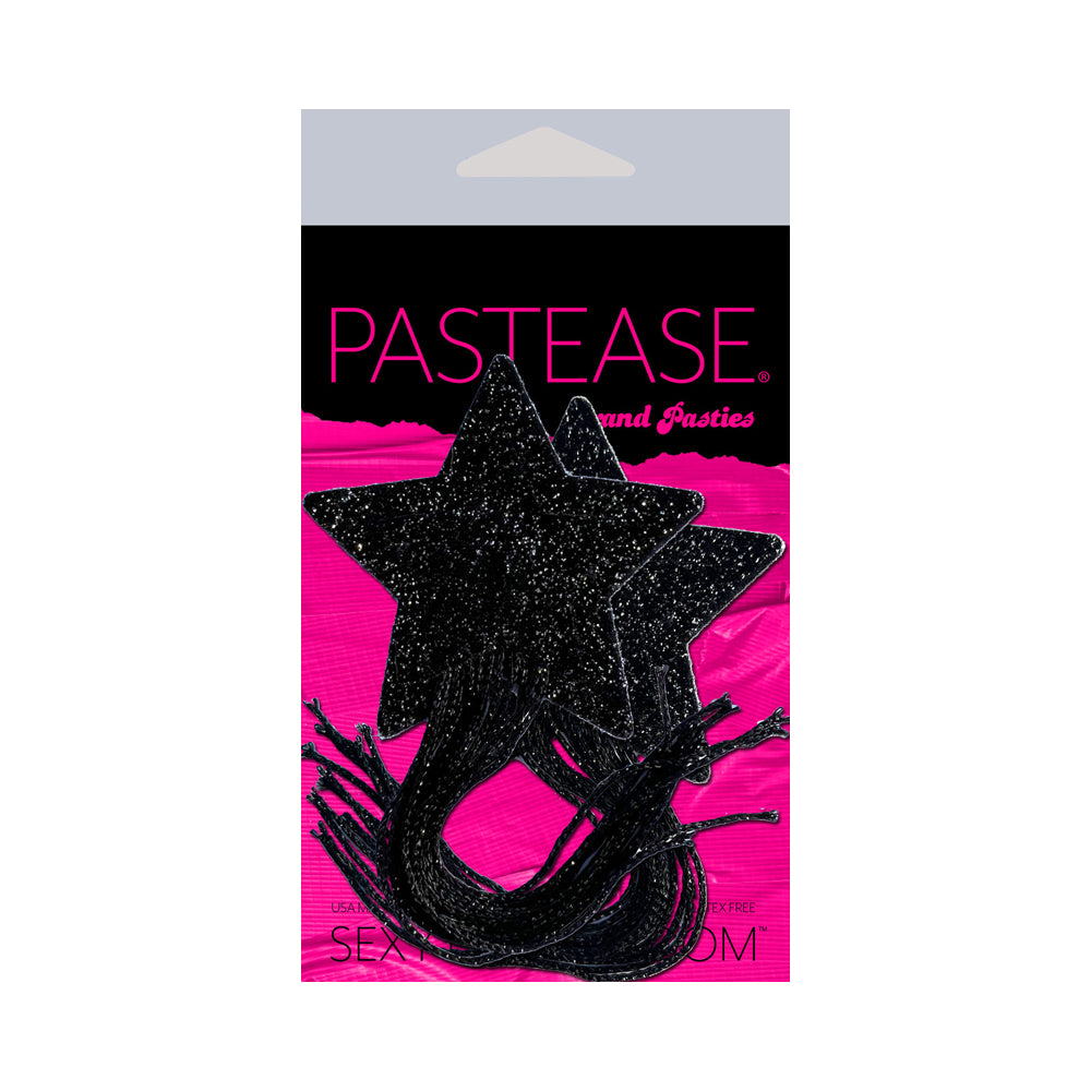 Black sparkle star pasties with long fringe tassels.