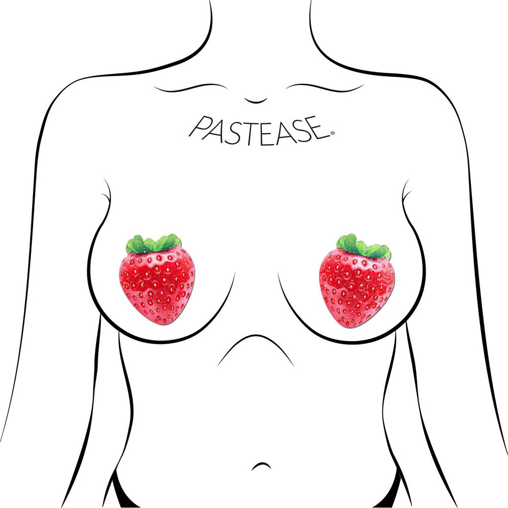 Strawberry glitter velvet nipple pasties with a line drawing of a torso.