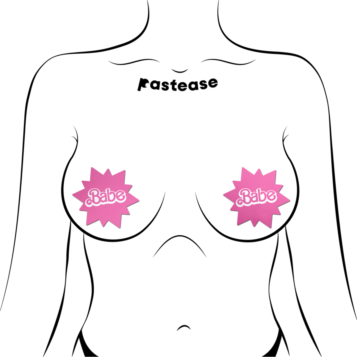 Pink sunburst nipple pasties with "Babe" text.