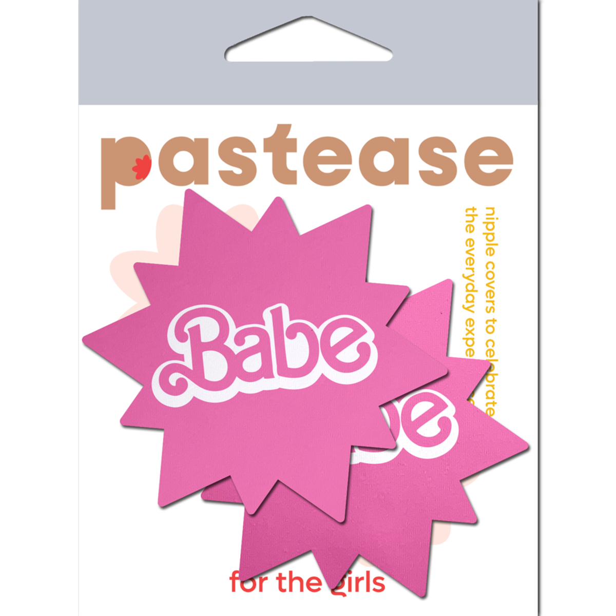 Pink sunburst nipple pasties with "Babe" text.
