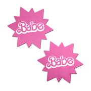 Two pink sunburst nipple pasties with the word "Babe" in white.