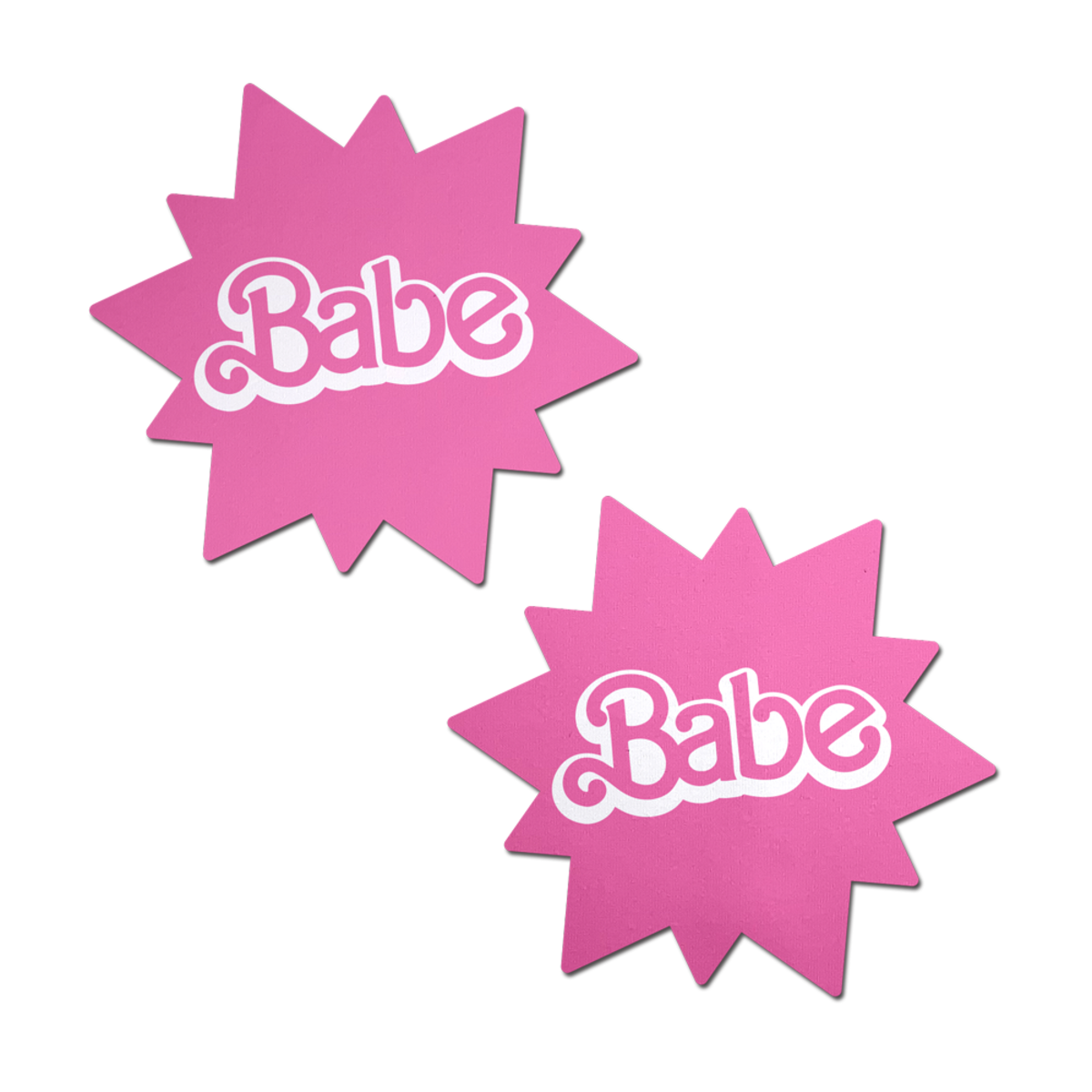 Two pink sunburst nipple pasties with the word "Babe" in white.
