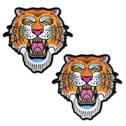 Two tiger face nipple pasties with a fierce tattoo design.