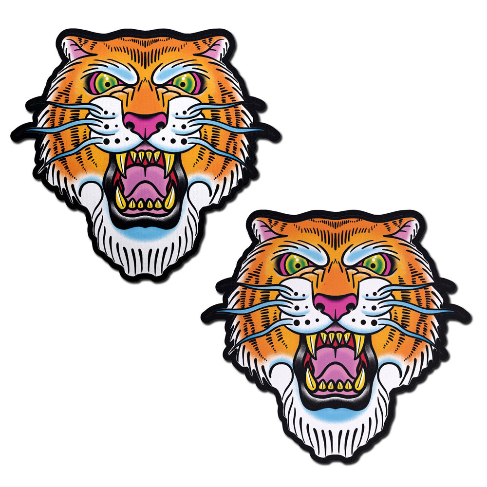 Two tiger face nipple pasties with a fierce tattoo design.