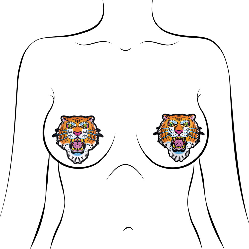 Tiger tattoo nipple pasties on a white outline of a torso.